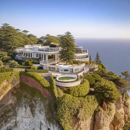 A lavish billionaire's mansion perched on the edge of a dramatic cliff, overlooking a stunning ocean panorama