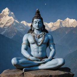 An imposing manifestation of Lord Shiva, seated in a meditative position amid a backdrop of the serene Himalayan peaks, a crescent moon resting on his head and a serpent coiled around his neck.