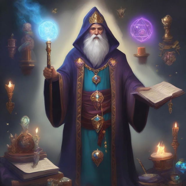 A depiction of an ancient human wizard inspired by Dungeons and Dragons