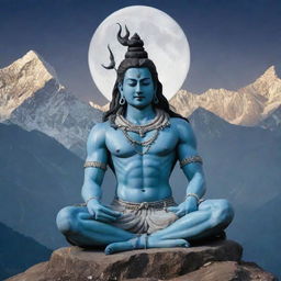 An imposing manifestation of Lord Shiva, seated in a meditative position amid a backdrop of the serene Himalayan peaks, a crescent moon resting on his head and a serpent coiled around his neck.