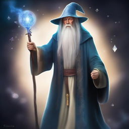 A depiction of a young human wizard inspired by Merlin and mixed with Gandalf