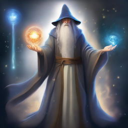 A depiction of a young human wizard inspired by Merlin and mixed with Gandalf