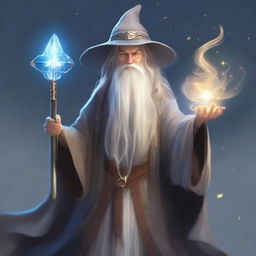 A depiction of a young human wizard inspired by Merlin and mixed with Gandalf