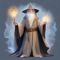 A depiction of a young human wizard inspired by Merlin and mixed with Gandalf