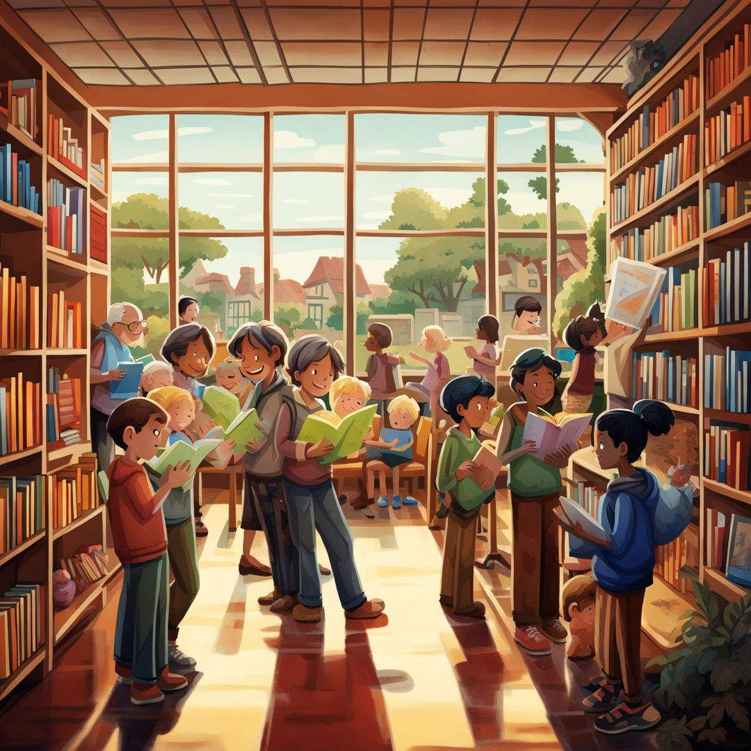 A diverse group of characters of all ages reading books in a cozy, well-lit library setting, conveying the universal appeal and joy of reading