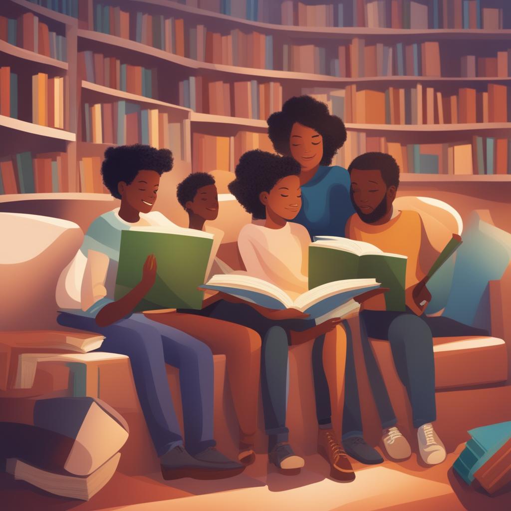 A diverse group of people of all ages reading books in a cozy, modern library or bookstore setting, with subtle marketing elements to promote the book, conveying inclusivity and the universal appeal of reading