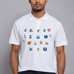 A polo t-shirt designed around the theme of 'Empowering Higher Education for young students through Digital Products'. The t-shirt has various icons of digital technologies and education symbols.