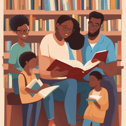 A diverse group of people of all ages reading books in a cozy, modern library or bookstore setting, with subtle marketing elements to promote the book, conveying inclusivity and the universal appeal of reading