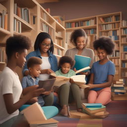 A diverse group of people of all ages reading books in a cozy, modern library or bookstore setting, with subtle marketing elements to promote the book, conveying inclusivity and the universal appeal of reading