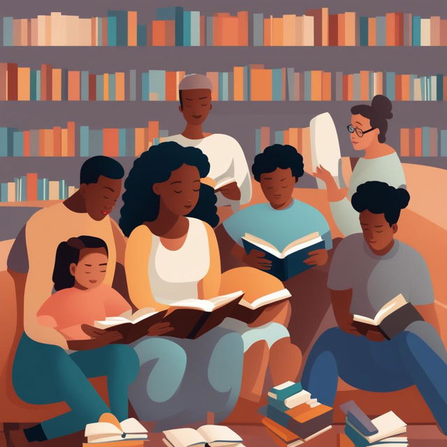 A diverse group of people of all ages reading books in a cozy, modern library or bookstore setting, with subtle marketing elements to promote the book, conveying inclusivity and the universal appeal of reading