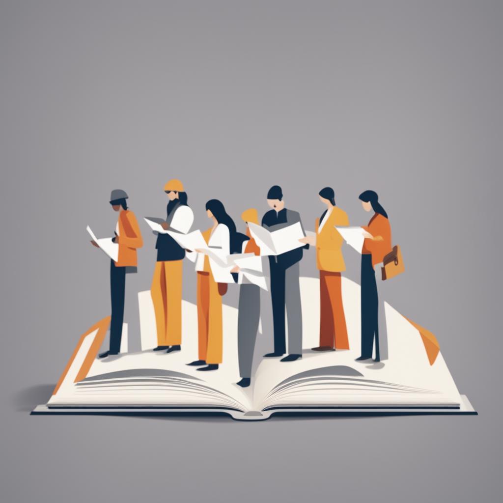 A minimalist and schematic marketing image with simple graphics representing a diverse group of people reading, including subtle marketing elements to promote the book