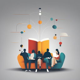 A minimalist and schematic marketing image with simple graphics representing a diverse group of people reading, including subtle marketing elements to promote the book