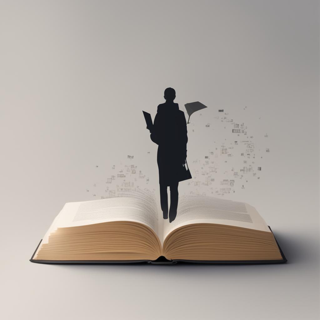 A minimalist and schematic marketing image with an open book filled with words and a silhouette of a person entering the book, symbolizing the immersive experience of reading, including subtle marketing elements