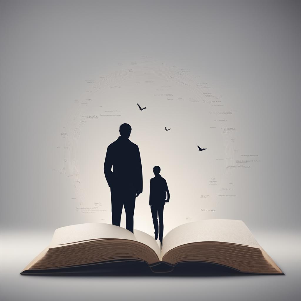 A minimalist and schematic marketing image with an open book filled with words and a silhouette of a person entering the book, symbolizing the immersive experience of reading, including subtle marketing elements