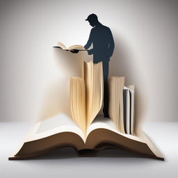 A minimalist and schematic marketing image with an open book filled with words and a silhouette of a person entering the book, symbolizing the immersive experience of reading, including subtle marketing elements