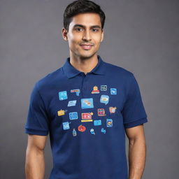 A polo t-shirt designed around the theme of 'Empowering Higher Education for young students through Digital Products'. The t-shirt has various icons of digital technologies and education symbols.