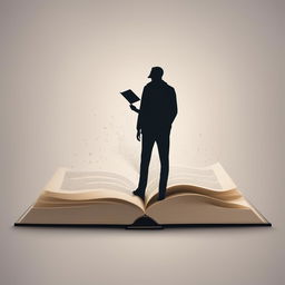 A minimalist and schematic marketing image with an open book filled with words and a silhouette of a person entering the book, symbolizing the immersive experience of reading, including subtle marketing elements