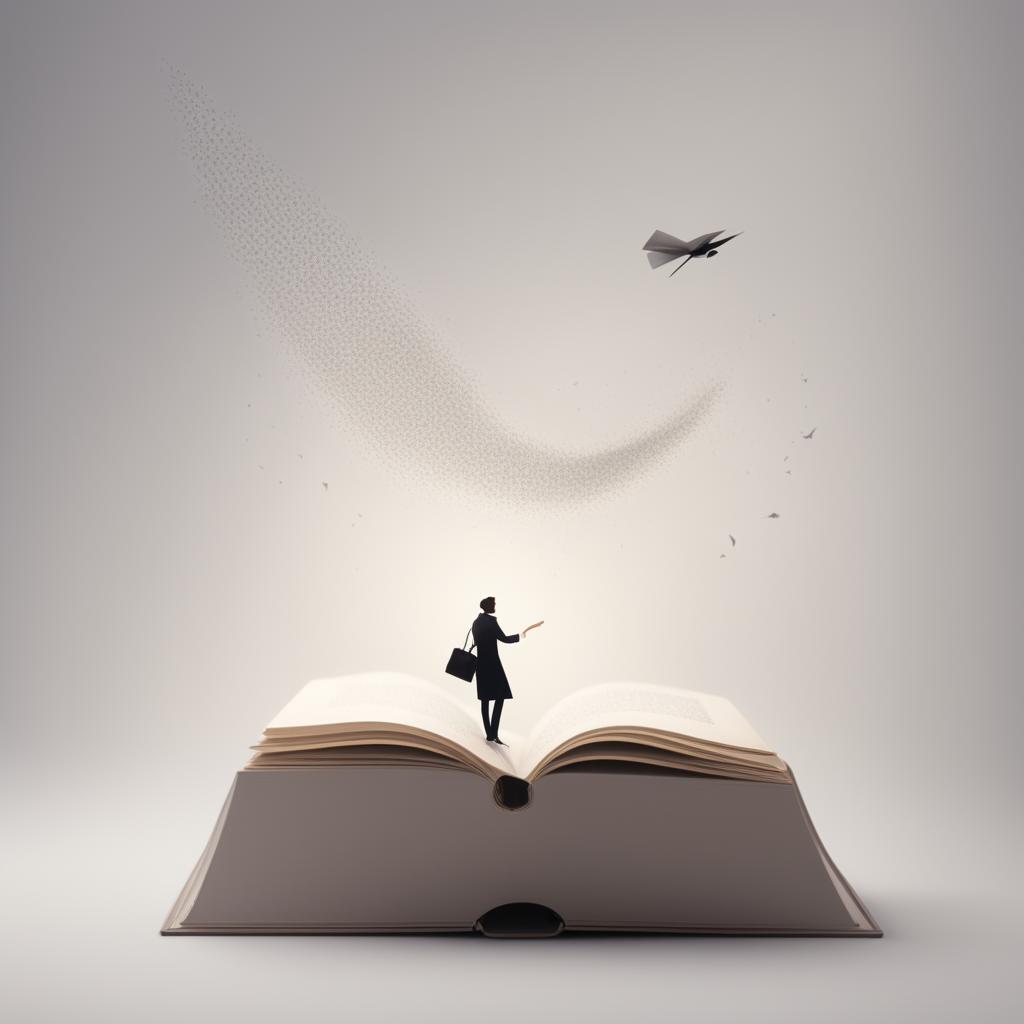 A minimalist marketing image featuring an open book with words, a person entering the book, and words flying around, symbolizing the immersive experience of reading, including subtle marketing elements