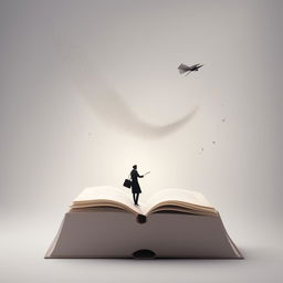 A minimalist marketing image featuring an open book with words, a person entering the book, and words flying around, symbolizing the immersive experience of reading, including subtle marketing elements