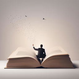 A minimalist marketing image featuring an open book with words, a person entering the book, and words flying around, symbolizing the immersive experience of reading, including subtle marketing elements