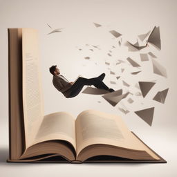 A minimalist marketing image featuring an open book with words, a person entering the book, and words flying around, symbolizing the immersive experience of reading, including subtle marketing elements