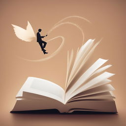 A minimalist marketing image featuring an open book with words, a person entering the book, and words flying around, symbolizing the immersive experience of reading, including subtle marketing elements