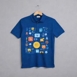 A polo t-shirt designed around the theme of 'Empowering Higher Education for young students through Digital Products'. The t-shirt has various icons of digital technologies and education symbols.