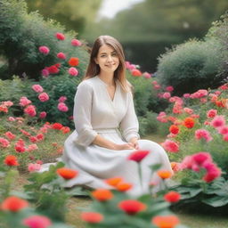 A serene and calm scene depicting a person with a peaceful smile, sitting in a beautiful garden