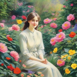 A serene and calm scene depicting a person with a peaceful smile, sitting in a beautiful garden