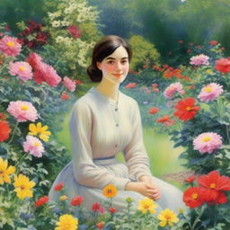 A serene and calm scene depicting a person with a peaceful smile, sitting in a beautiful garden