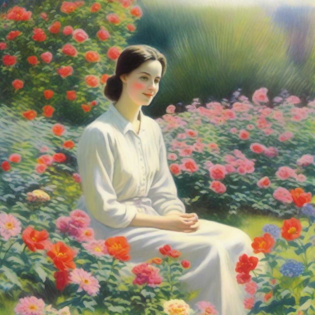 A serene and calm scene depicting a person with a peaceful smile, sitting in a beautiful garden