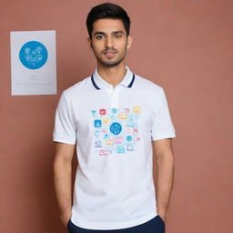 A polo t-shirt designed around the theme of 'Empowering Higher Education for young students through Digital Products'. The t-shirt has various icons of digital technologies and education symbols.