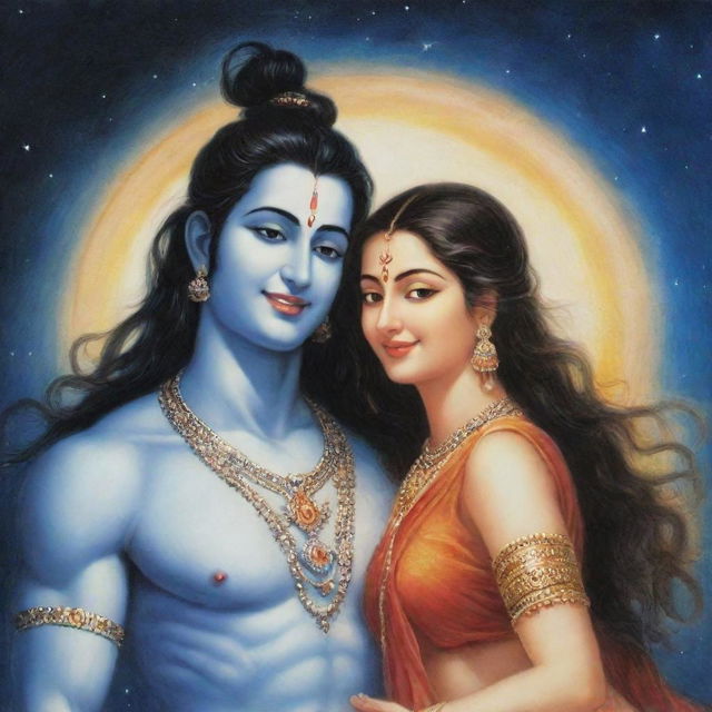 A charming image of Mahadev and Parvati, embodied in a celestial aura, smiling tenderly at each other