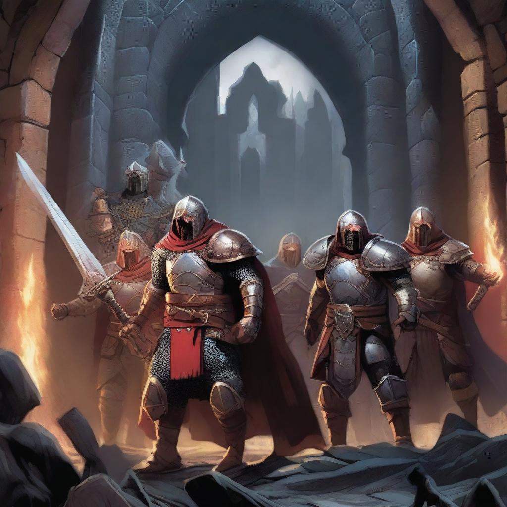 Seven Dungeons & Dragons warriors emerging from a dungeon