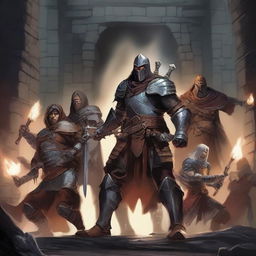 Seven Dungeons & Dragons warriors emerging from a dungeon