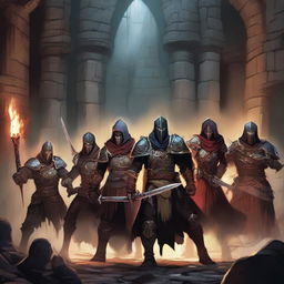 Seven Dungeons & Dragons warriors emerging from a dungeon