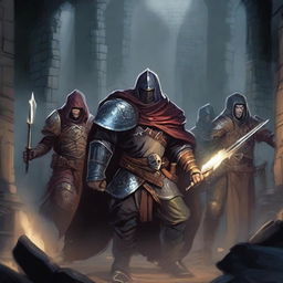 Seven Dungeons & Dragons warriors emerging from a dungeon