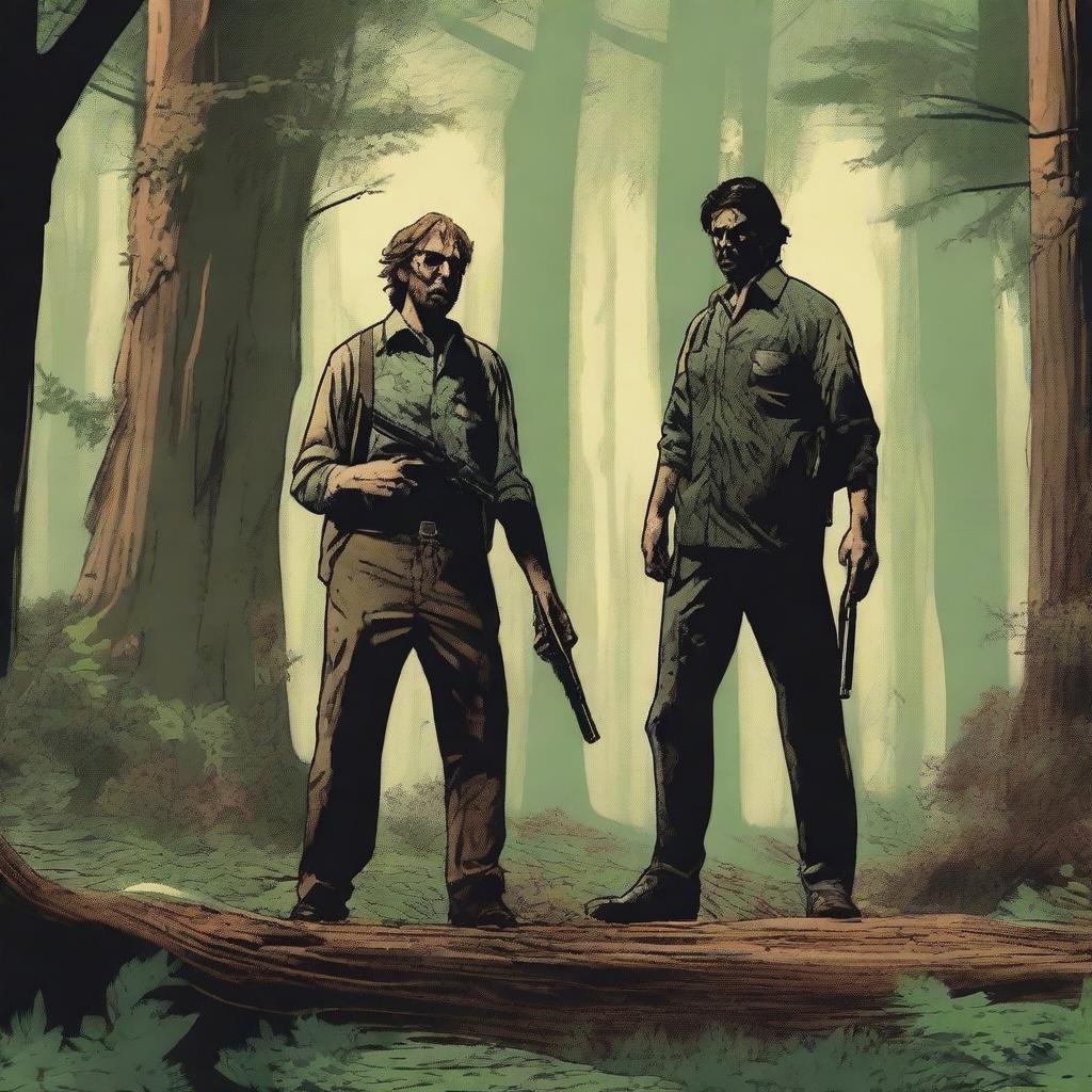 A man holding a shotgun in a dense forest encounters a filthy, disheveled person