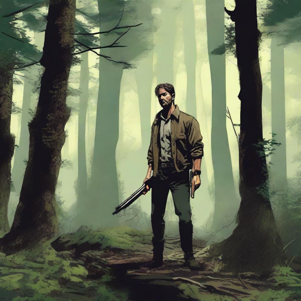 A man holding a shotgun in a dense forest encounters a filthy, disheveled person