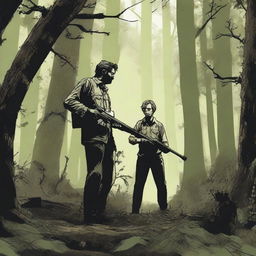 A man holding a shotgun in a dense forest encounters a filthy, disheveled person