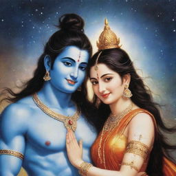 A charming image of Mahadev and Parvati, embodied in a celestial aura, smiling tenderly at each other