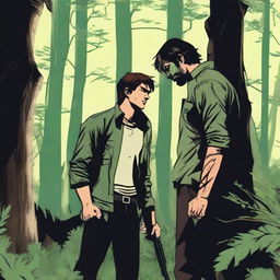 A man holding a shotgun in a dense forest encounters another person who is covering their hair