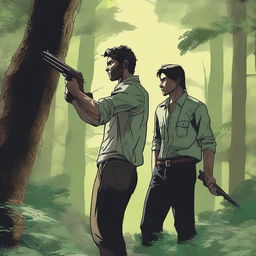 A man holding a shotgun in a dense forest encounters another person who is covering their hair