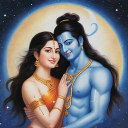 A charming image of Mahadev and Parvati, embodied in a celestial aura, smiling tenderly at each other