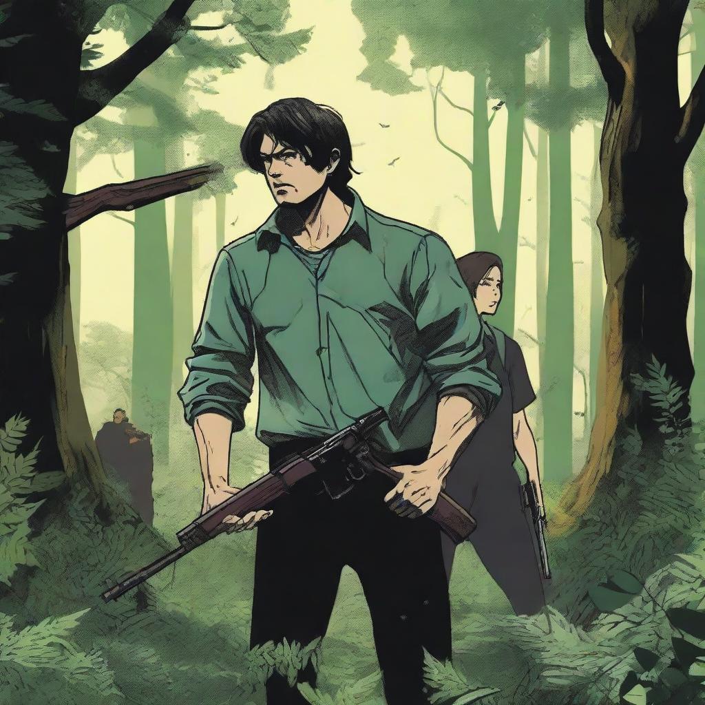 A man holding a shotgun in a dense forest encounters another person who is covering their hair