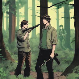 A man holding a shotgun in a dense forest encounters another person who is covering their hair