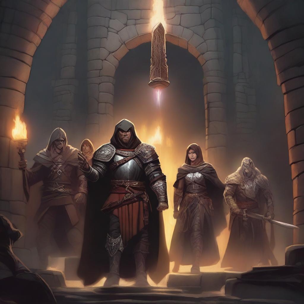 A mage, a sorcerer, a warrior, a barbarian, and three more Dungeons & Dragons players emerging from a dungeon