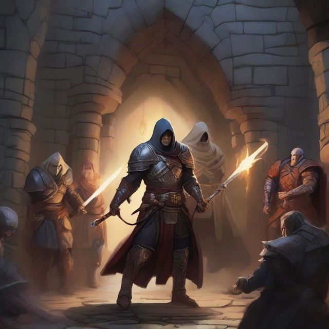 A mage, a sorcerer, a warrior, a barbarian, and three more Dungeons & Dragons players emerging from a dungeon