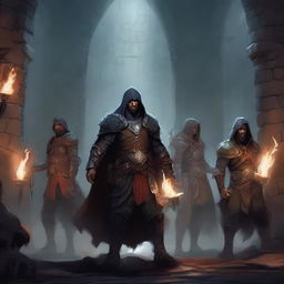 A mage, a sorcerer, a warrior, a barbarian, and three more Dungeons & Dragons players emerging from a dungeon