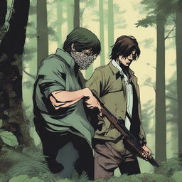 A man holding a shotgun in a dense forest encounters another person with their hair covering their face